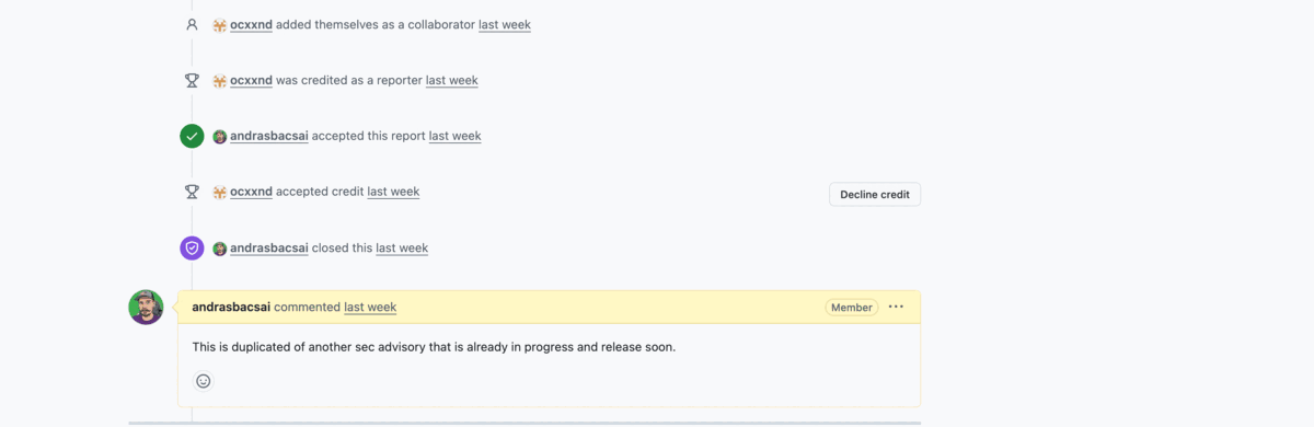 The GHSA-jq58-rxhg-623r advisory timeline: ocxxnd credited as reporter; the maintainer (andrasbacsai) accepted the report, then closed it, followed by the closing comment "This is duplicated of another sec advisory that is already in progress and release soon."