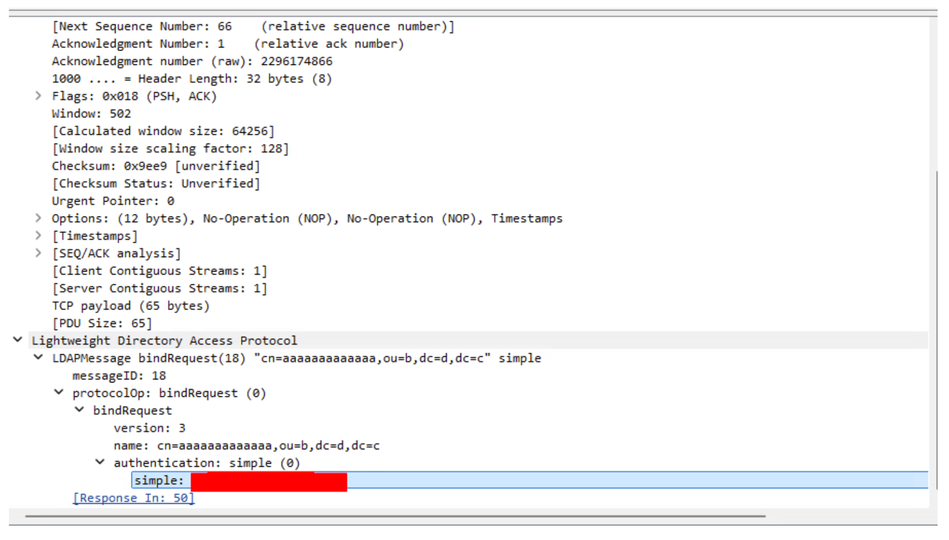 Captured LDAP bind credentials in network traffic
