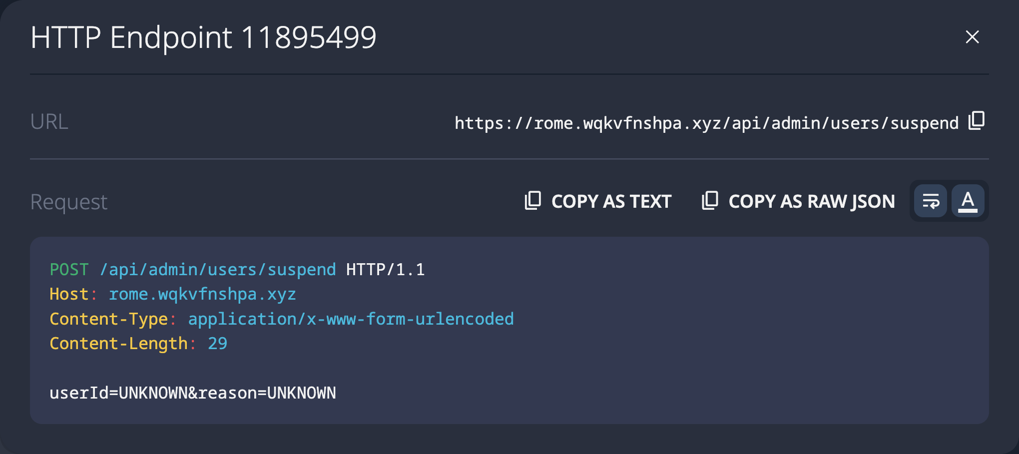 SolidPoint UI showing discovered POST /api/admin/users/suspend endpoint