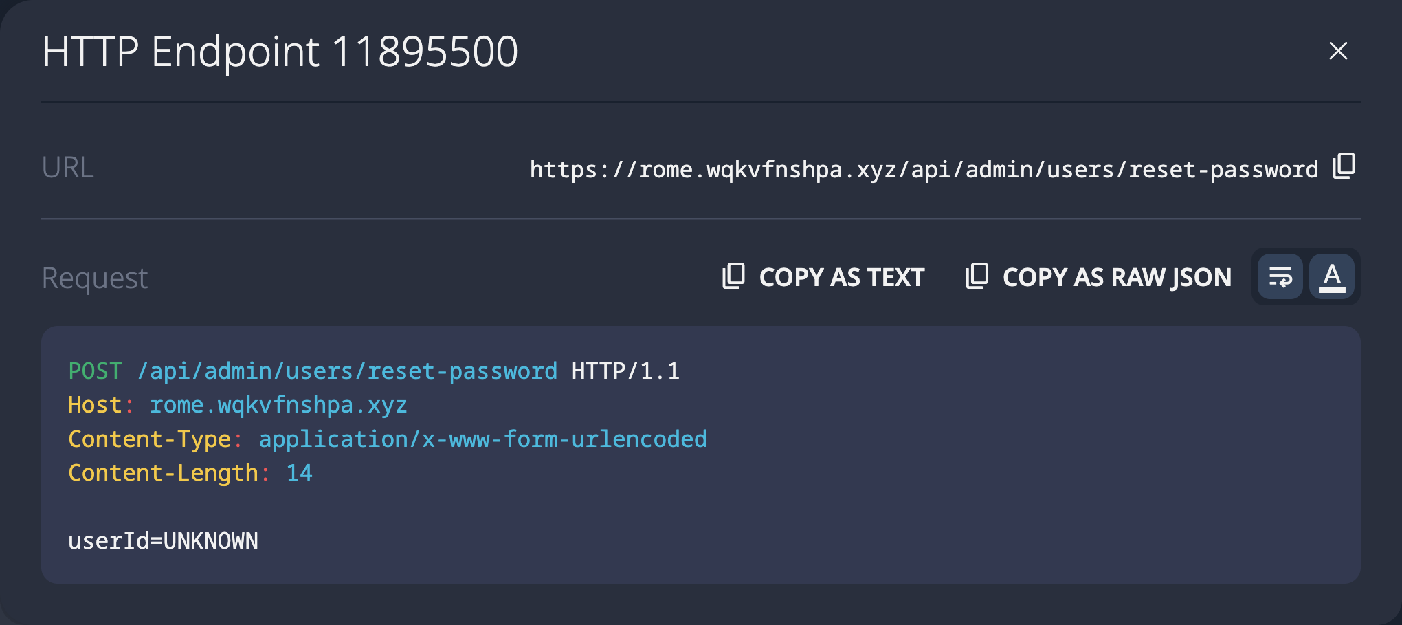 SolidPoint UI showing discovered POST /api/admin/users/reset-password endpoint