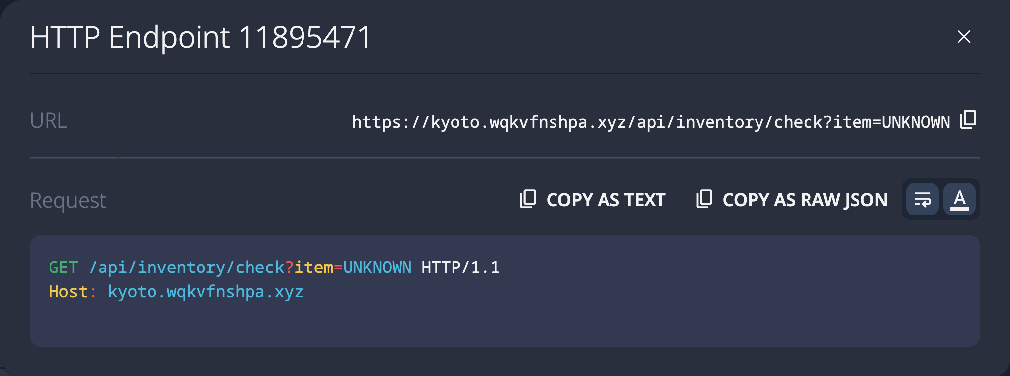 SolidPoint UI showing discovered GET /api/inventory/check endpoint