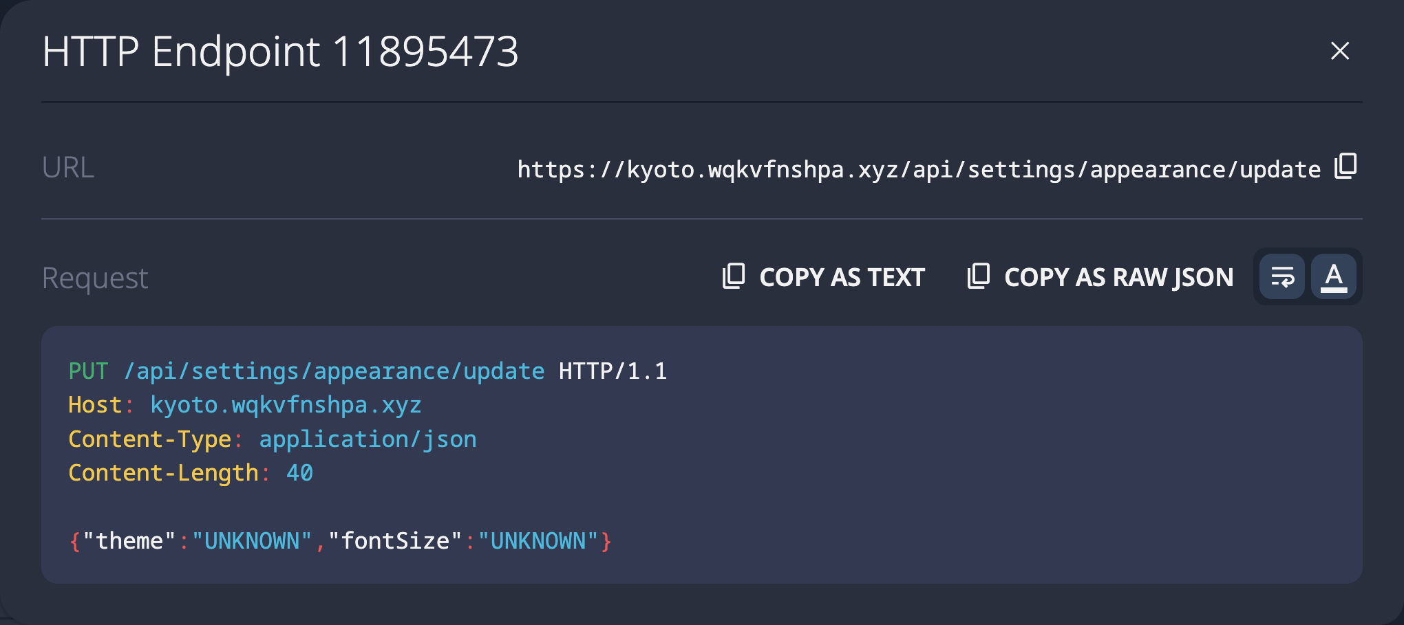 SolidPoint UI showing discovered PUT /api/settings/appearance/update endpoint