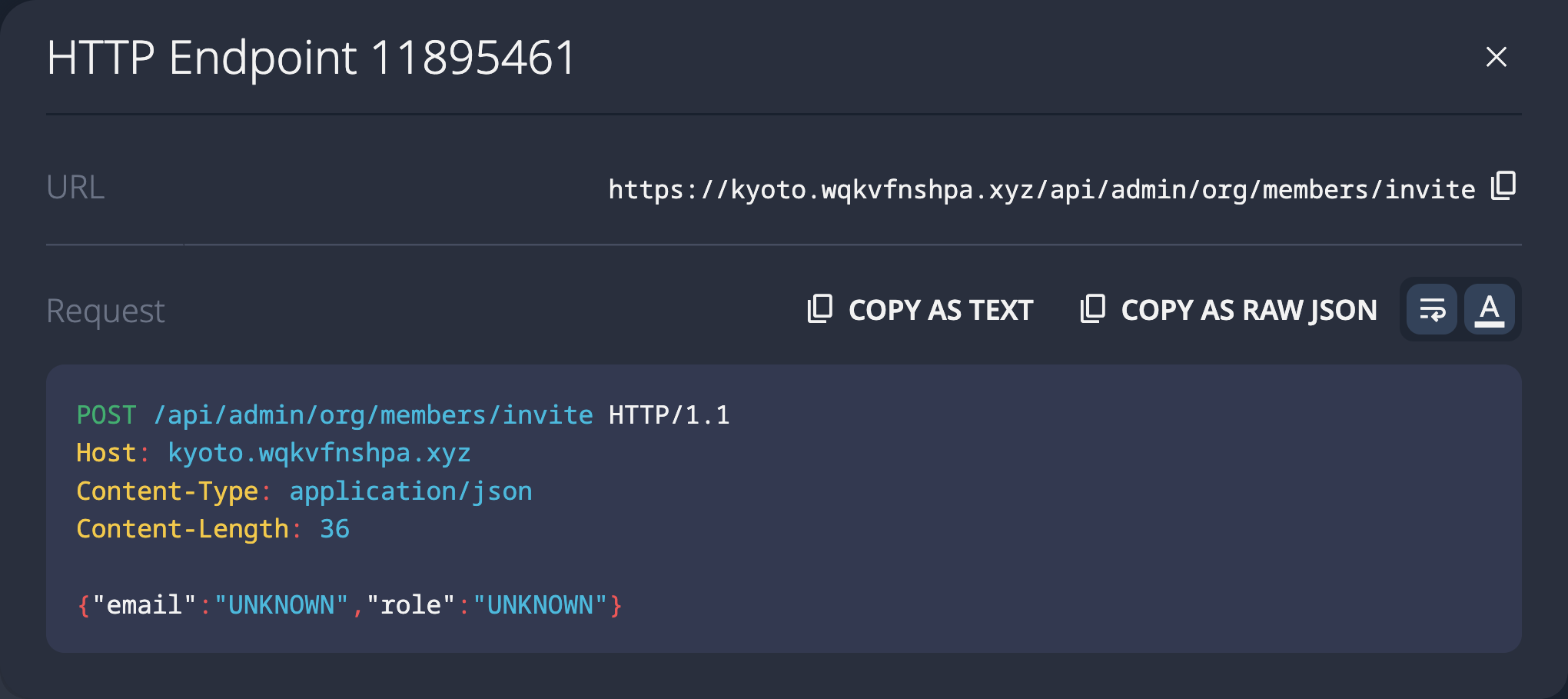 SolidPoint UI showing discovered POST /api/admin/org/members/invite endpoint