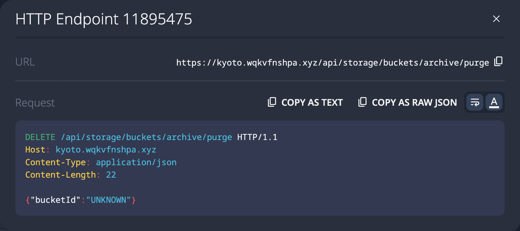 SolidPoint UI showing discovered DELETE /api/storage/buckets/archive/purge endpoint