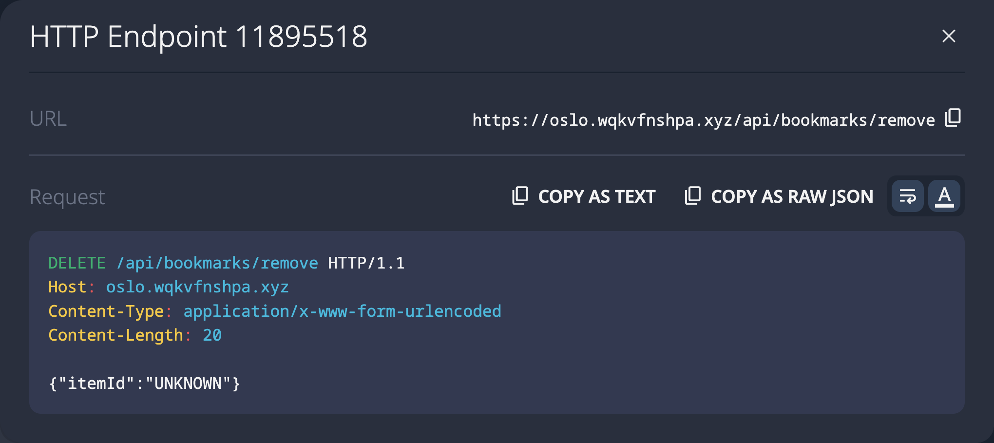 SolidPoint UI showing discovered DELETE /api/bookmarks/remove endpoint