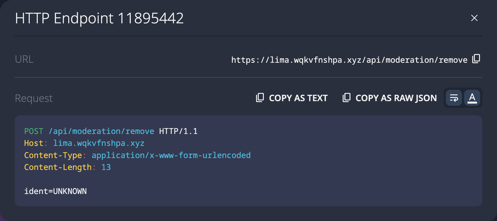 SolidPoint UI showing discovered POST /api/moderation/remove endpoint