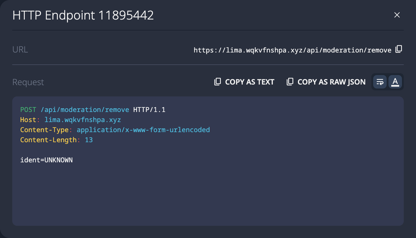 SolidPoint UI showing discovered endpoint POST /api/moderation/remove with parameter ident