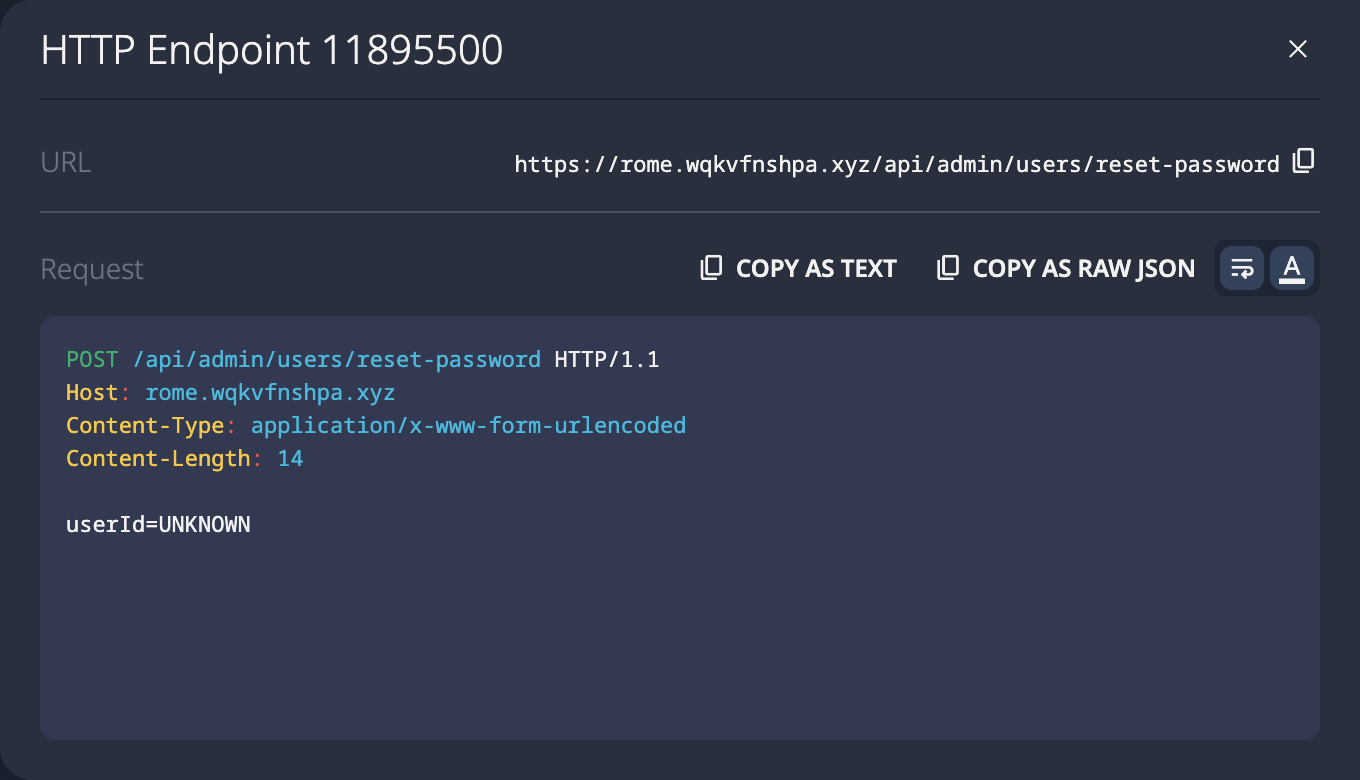 SolidPoint UI showing discovered endpoint POST /api/admin/users/reset-password with parameter userId