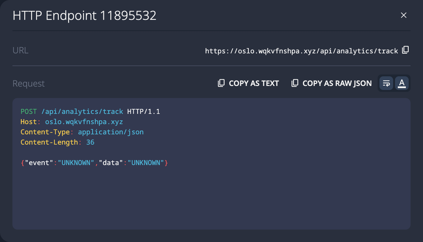 SolidPoint UI showing discovered endpoint POST /api/analytics/track with parameters event and data
