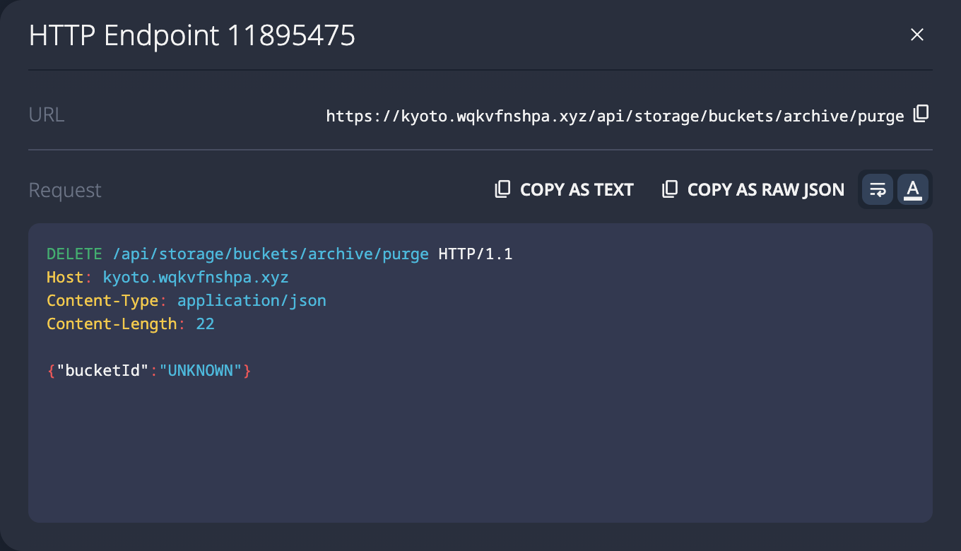 SolidPoint UI showing discovered endpoint DELETE /api/storage/buckets/archive/purge reconstructed from 5-level mixed call chain